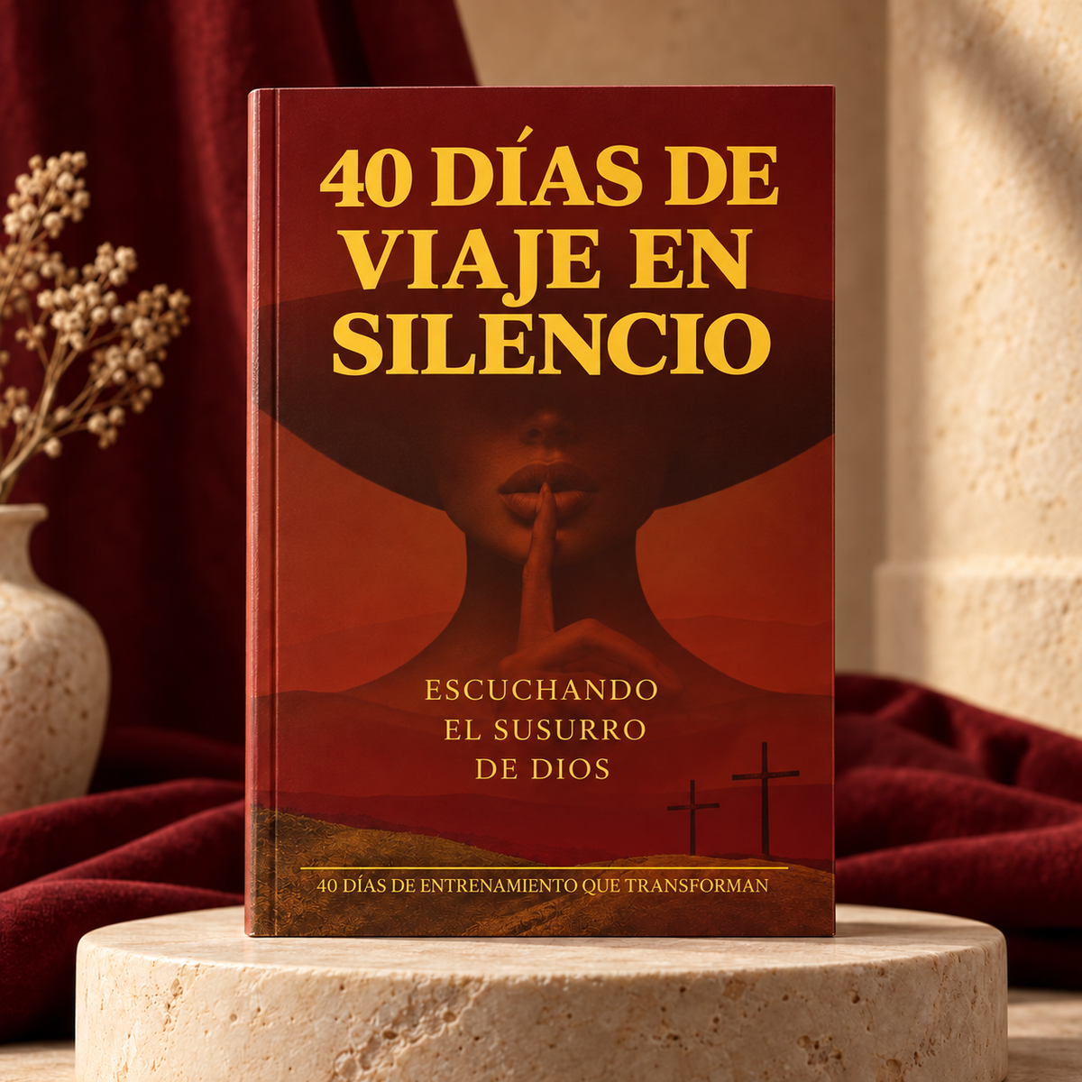 40 Days of Silent Journey Spanish edition on an ivory pedestal
