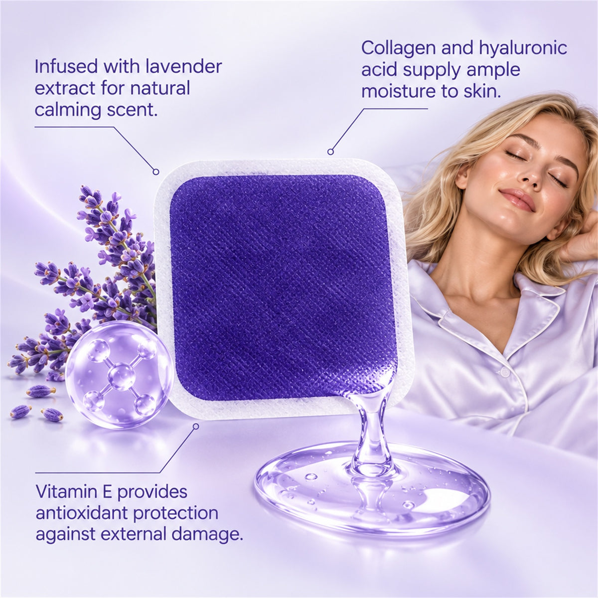 Lavender patch close-up with skincare ingredient callouts
