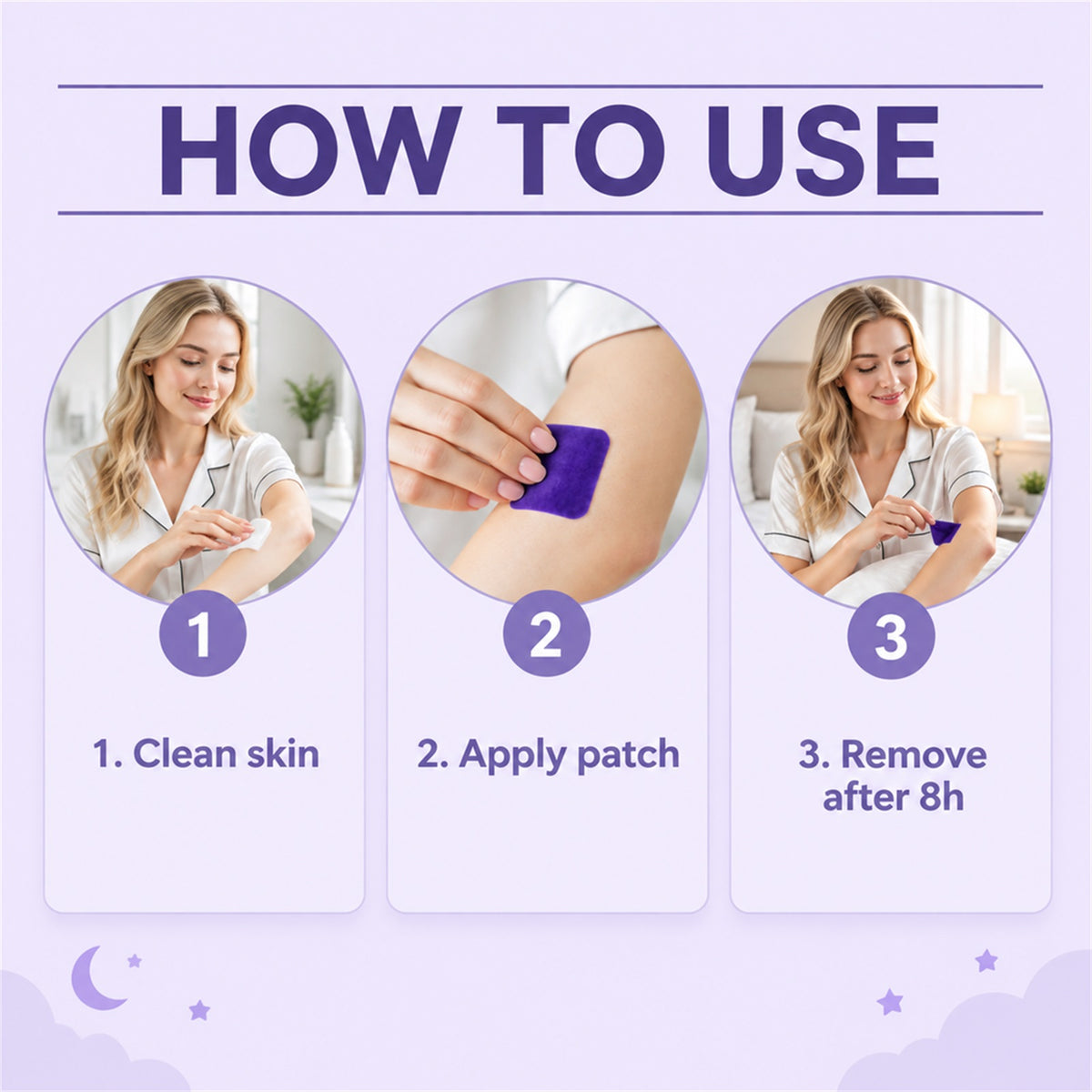 Three-step directions for applying and removing a night care patch
